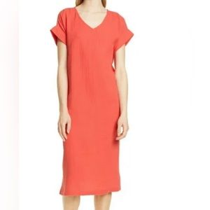 Eileen Fisher Petite Organic Cotton V-Neck Coral Midi Dress Medium PM